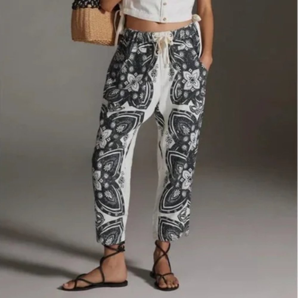 Anthropologie Linen Block-print surf pants